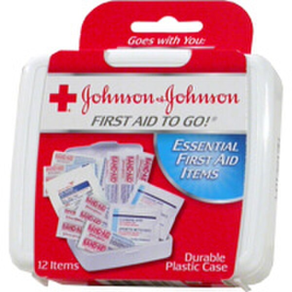 First aid kit with band aids, gauze, and hand cleansing wipe.